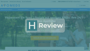 Apomeds Website mit HealthHeld Logo und Review Badge