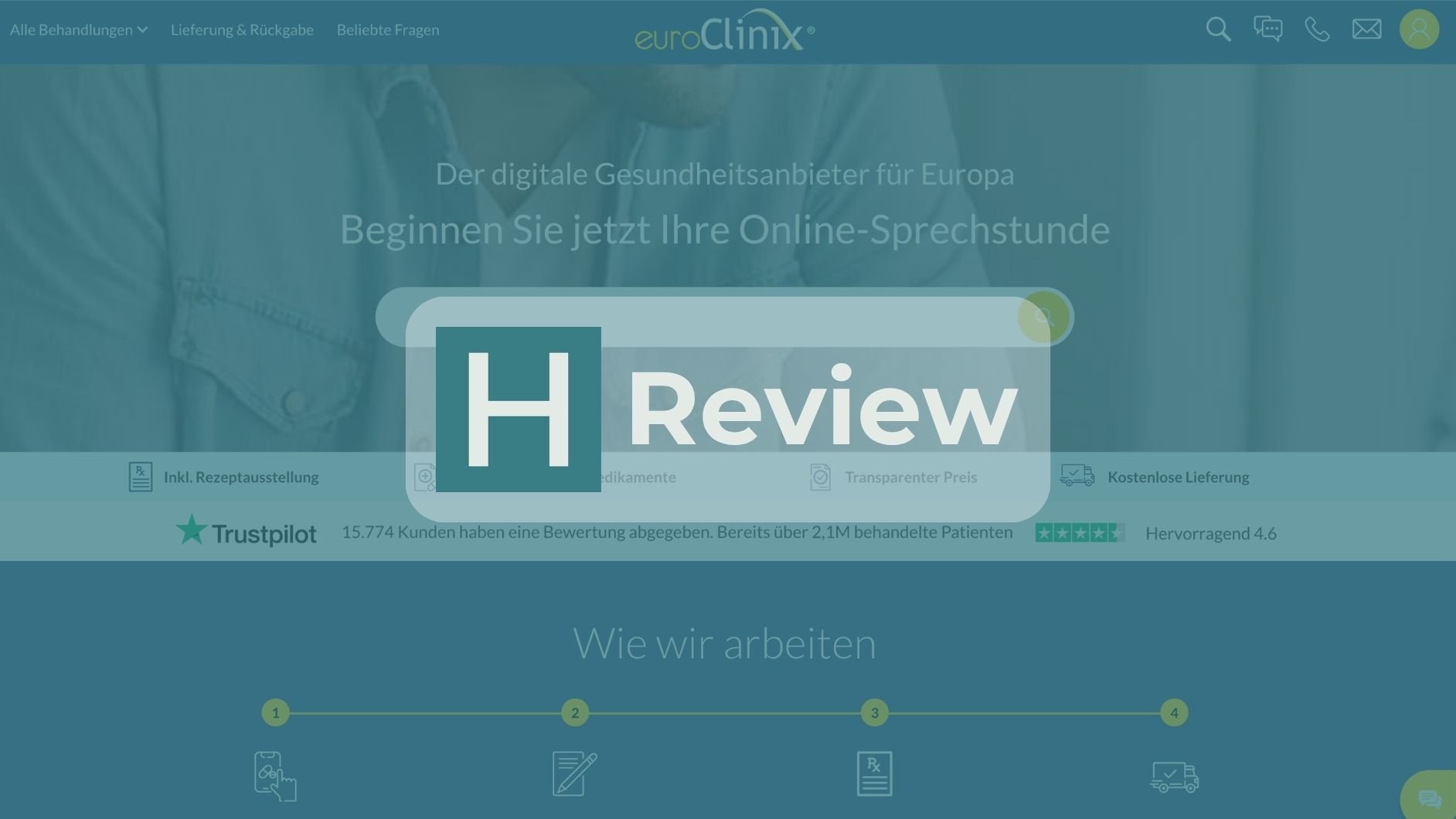 euroClinix Website mit HealthHeld Logo und Review Badge
