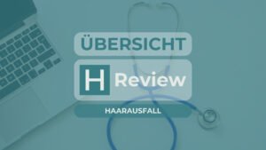Haarausfall Anbieter: Laptop und Stethoskop als Zeichen für Telemedizin als Hintergrund; davor HealthHeld Logo mit Review Badge und jeweils darüber und darunter die Schlagwörter Übersicht und Haarausfall