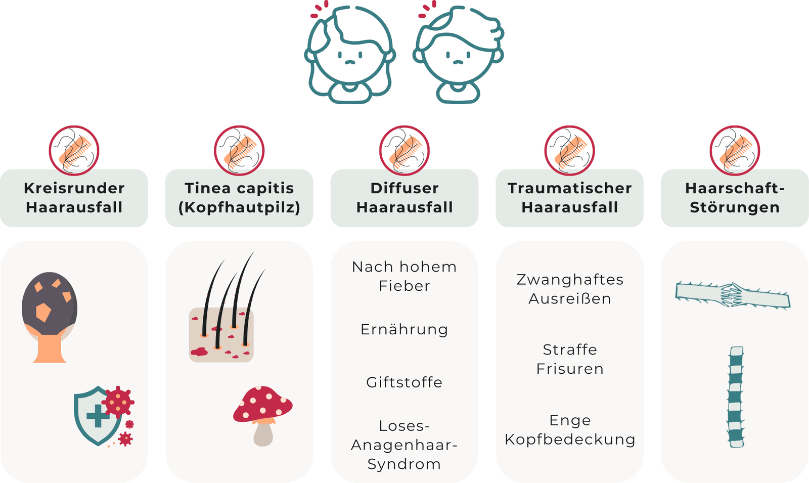 Die Grafik zeigt die fünf häufigsten Gründe für Haarausfall bei Kindern: Kreisrunder Haarausfall bei Kindern, Kopfhautpilz, Diffuser Haarausfall bei Kindern, Traumatischer Haarausfall bei Kindern, Haarschaft-Störungen bei Kindern.