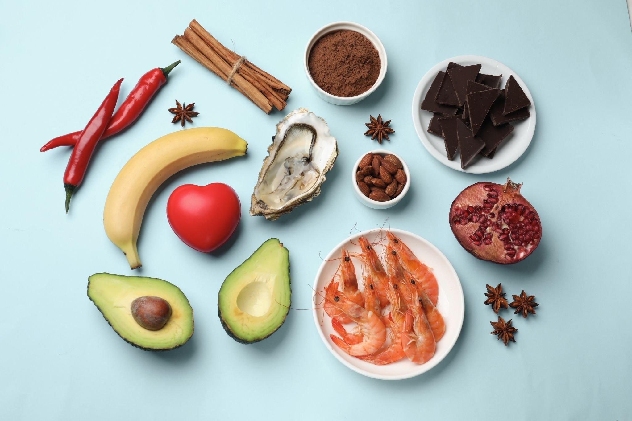 Das Bild zeigt natürliche Mittel zur Steigerung der Libido (Aphrodisiaka) wie dunkle Schokolade, Austern und Granatapfel. Es dient als symbolische Darstellung für Behandlung von Libidoverlust.