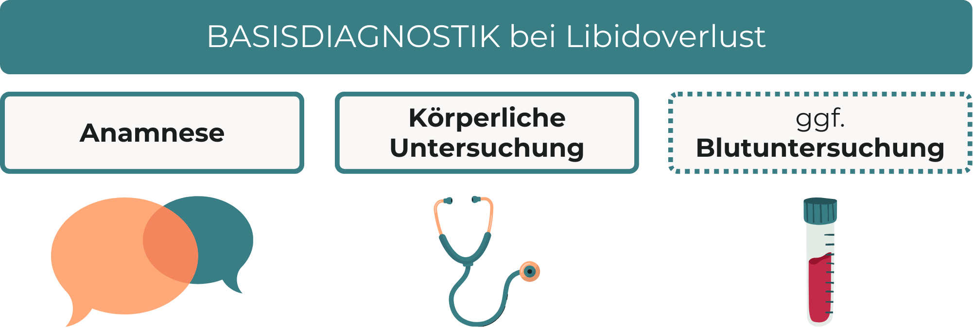 Schematische Darstellung der Basisdiagnostik von Libidoverlust mit drei Komponenten: Anamnese, körperliche Untersuchung und ggf. Blutuntersuchung.