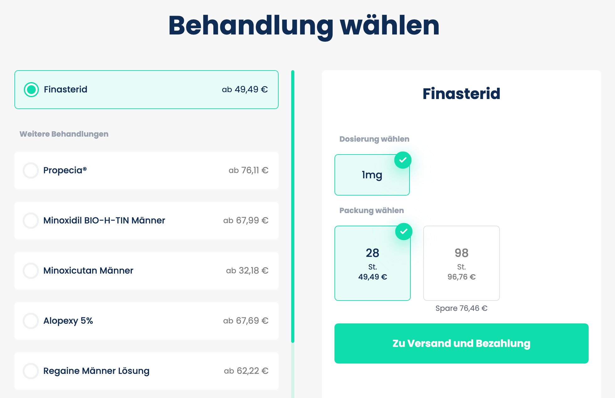 Screenshot einer Online-Plattform zur Auswahl von Haarwuchsmitteln bei DoktorABC. Die gewählte Behandlung ist Finasterid ab 49,49 €. Rechts kann eine Dosierung von 1 mg sowie eine Packungsgröße von 28 Tabletten für 49,49 € oder 98 Tabletten für 96,76 € ausgewählt werden. Weitere angebotene Behandlungen wie Propecia, Minoxidil oder Regaine sind unterhalb gelistet, jeweils mit Startpreisen. Ein grüner Button zeigt „Zu Versand und Bezahlung“.