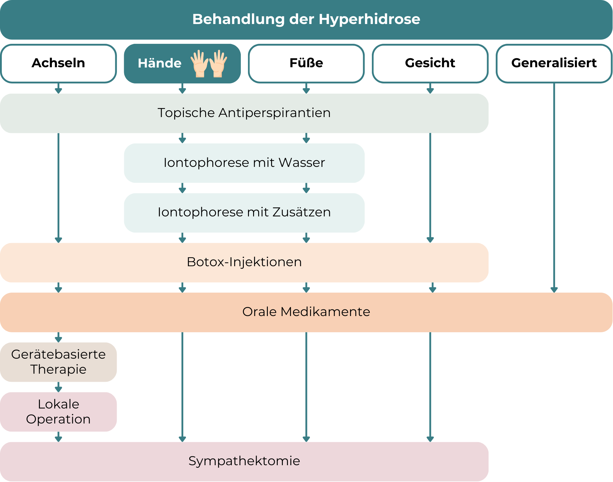 Schwitzige Hände Behandlung: Die Grafik zeigt verschiedene Behandlungsoptionen für Hyperhidrose je nach betroffener Körperregion – Achseln, Hände, Füße, Gesicht und generalisiert (am ganzen Körper). Die Hände sind besonders hervorgehoben. Die erste Maßnahme sind topische Antiperspirantien. Für Hände und Füße folgt eine stufenweise Iontophorese, zunächst mit Wasser, dann mit Zusätzen. In weiteren Schritten können Botox-Injektionen, orale Medikamente, gerätebasierte Therapien oder lokale Operationen angewendet werden. In schweren Fällen ist eine Sympathektomie – ein chirurgischer Eingriff – möglich. Der Verlauf ist als Entscheidungsbaum mit verschiedenen Therapieebenen dargestellt.