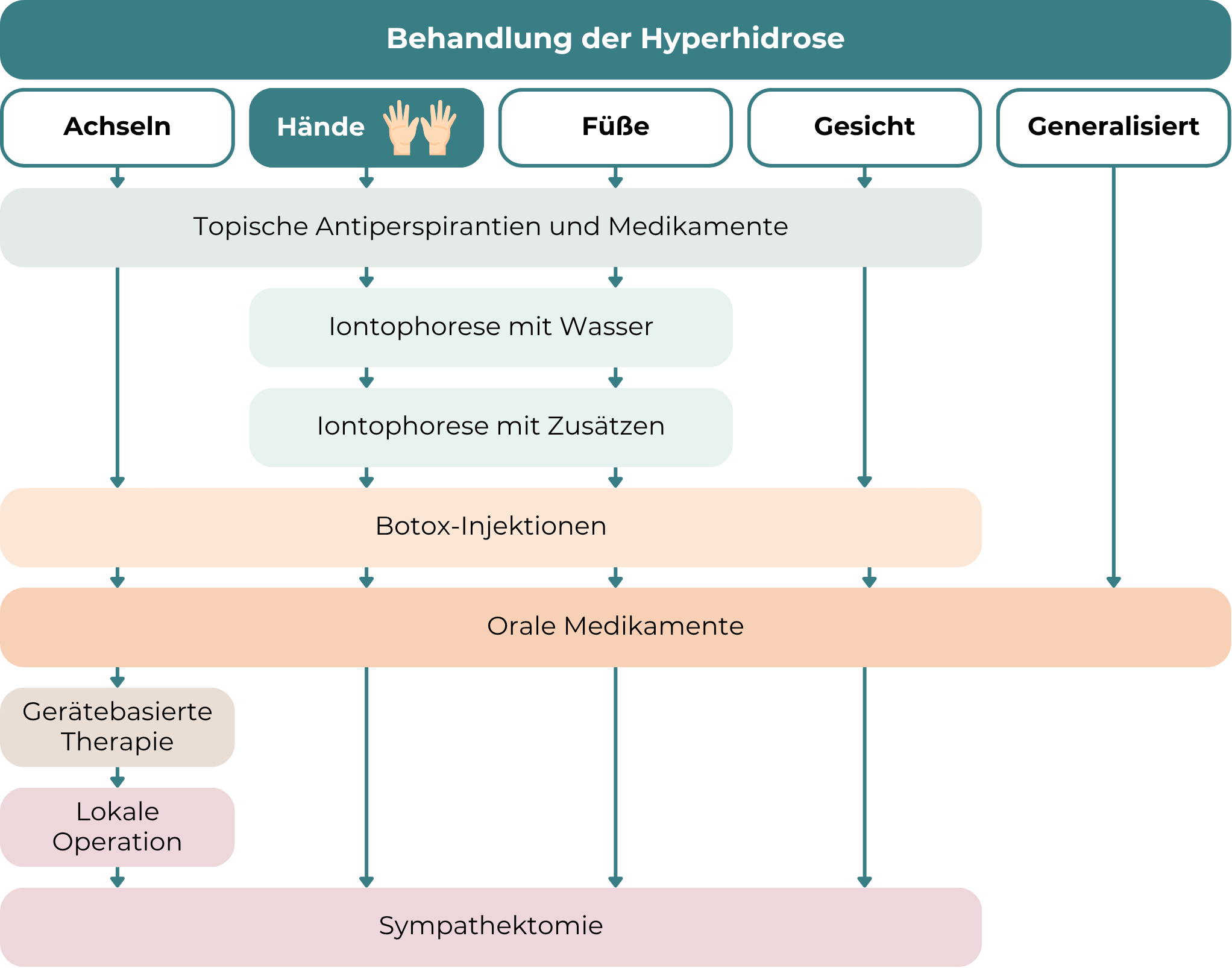 Schwitzige Hände Behandlung: Die Grafik zeigt verschiedene Behandlungsoptionen für Hyperhidrose je nach betroffener Körperregion – Achseln, Hände, Füße, Gesicht und generalisiert (am ganzen Körper). Die Hände sind besonders hervorgehoben. Die erste Maßnahme sind topische Antiperspirantien und Medikamente. Für Hände und Füße folgt eine stufenweise Iontophorese, zunächst mit Wasser, dann mit Zusätzen. In weiteren Schritten können Botox-Injektionen, orale Medikamente, gerätebasierte Therapien oder lokale Operationen angewendet werden. In schweren Fällen ist eine Sympathektomie – ein chirurgischer Eingriff – möglich. Der Verlauf ist als Entscheidungsbaum mit verschiedenen Therapieebenen dargestellt.