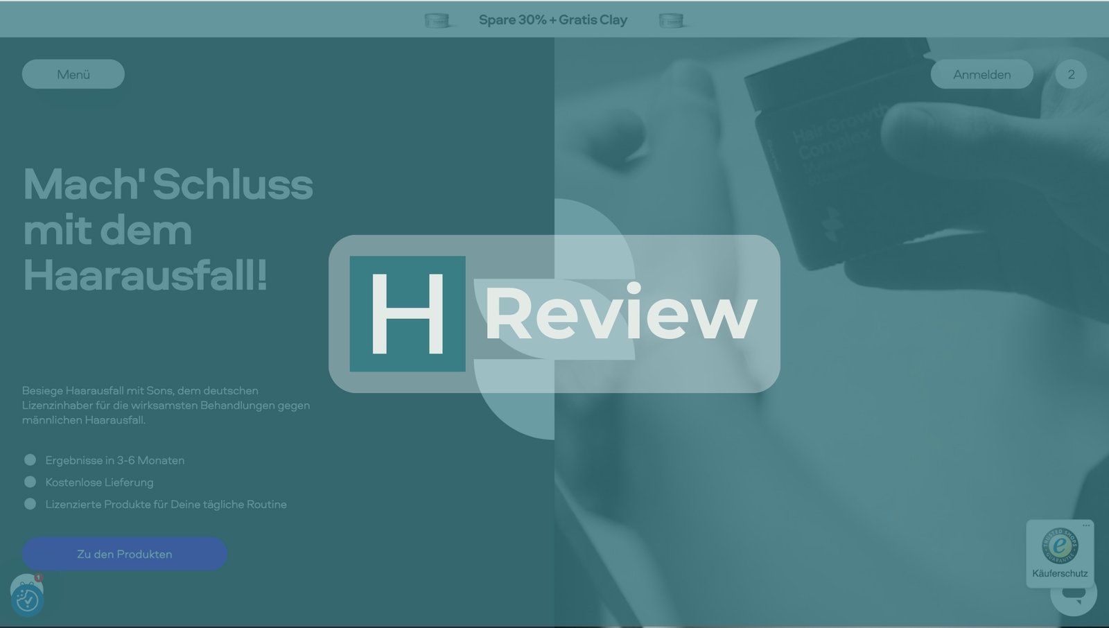 Startseite der SonsHaar Website mit einem HealthHeld Review Badge