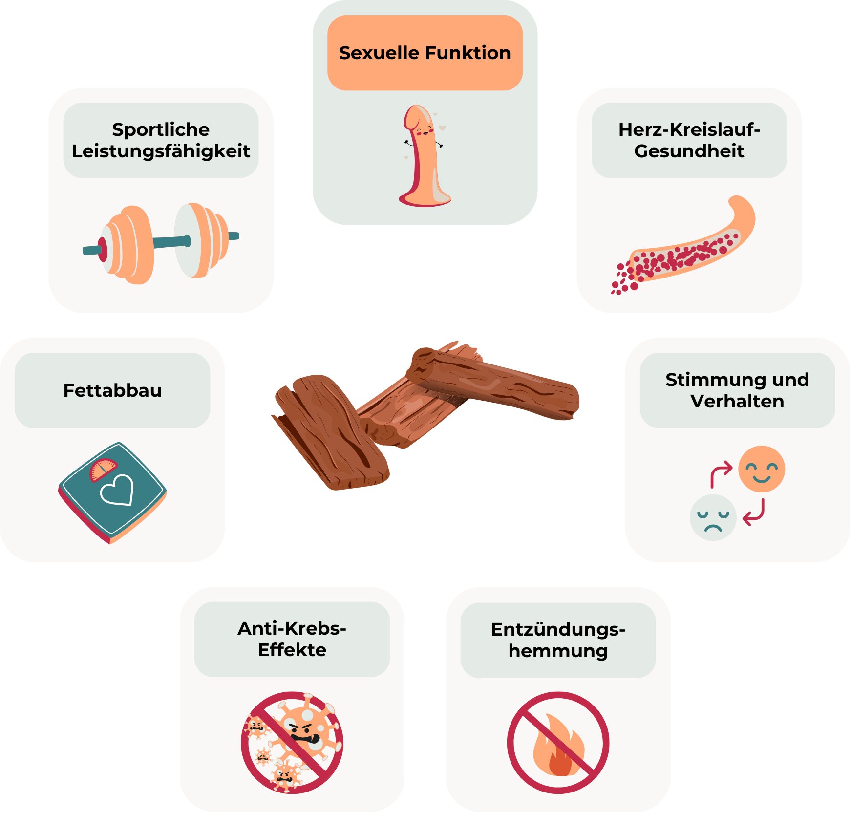 Die Grafik zeigt sieben potenzielle Wirkungen von Yohimbin, dargestellt durch Icons: sexuelle Funktion (Penis-Symbol), sportliche Leistungsfähigkeit (Hantel), Herz-Kreislauf-Gesundheit (Blutgefäße), Fettabbau (Waage), Stimmung und Verhalten (lachendes und trauriges Gesicht), entzündungshemmende Wirkung (durchgestrichenes Flammen-Symbol) und Anti-Krebs-Effekte (durchgestrichene Krebszellen). In der Mitte sind Holzstücke abgebildet, die Yohimbe-Rinde repräsentieren.