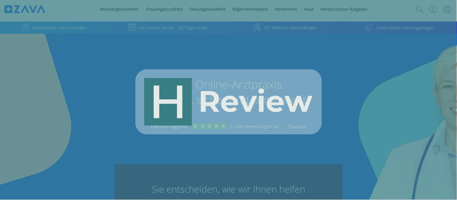 Startseite der ZAVA Website mit einem HealthHeld Review Badge